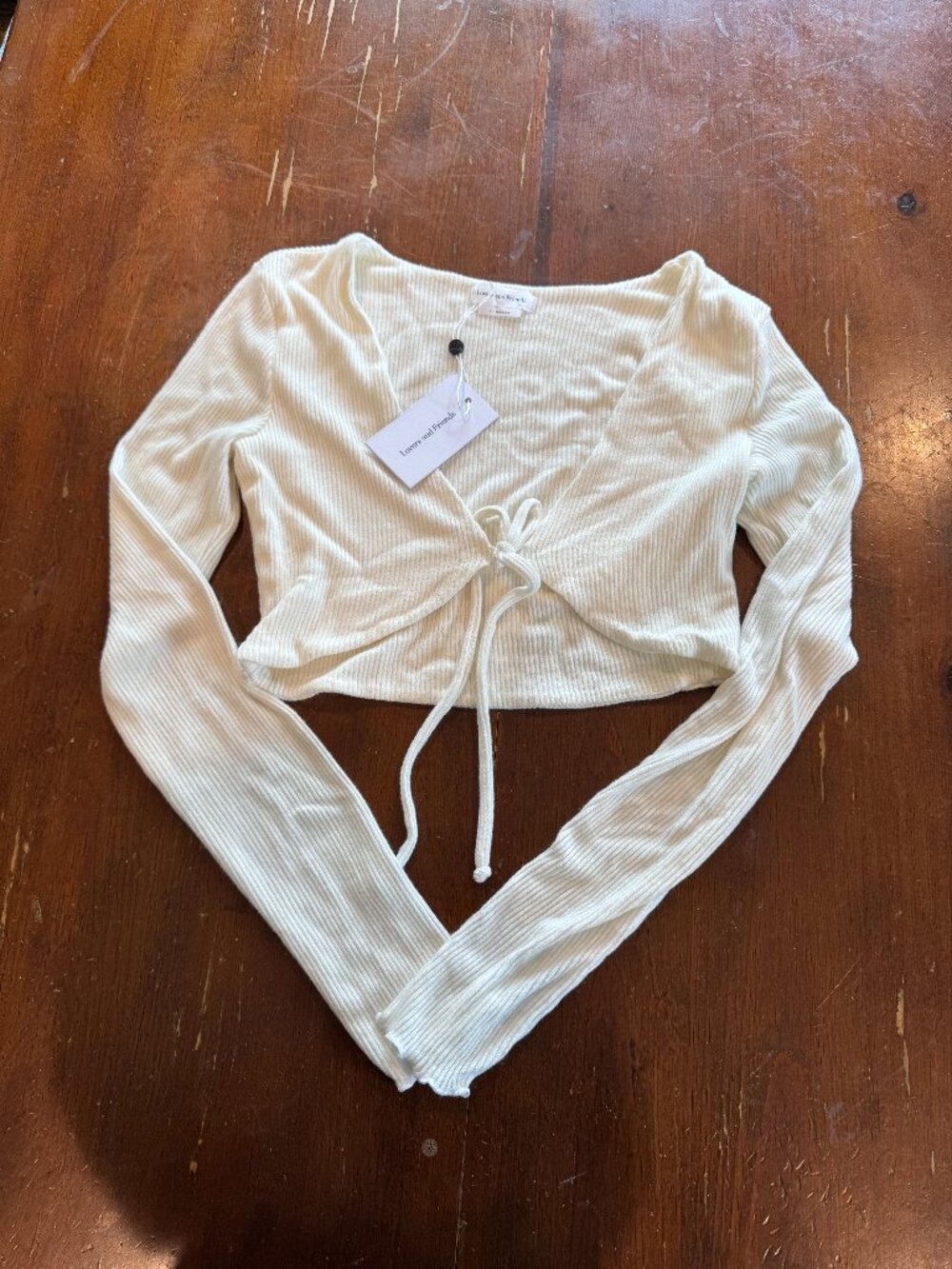 Lovers and Friends Cream Ribbed Tie Front Cropped Top Size S